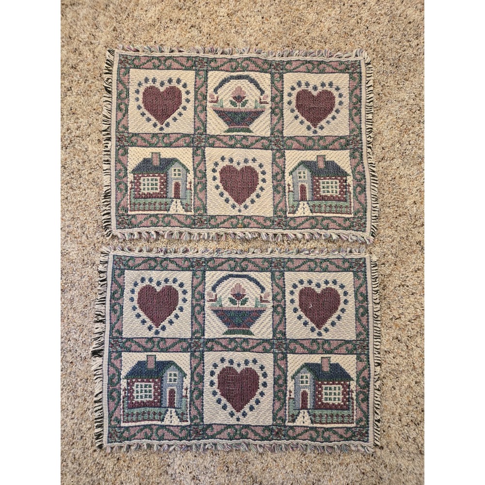 2 Vintage Woven Tapestry Placemats Hearts Cottage House Fringe Country Decor